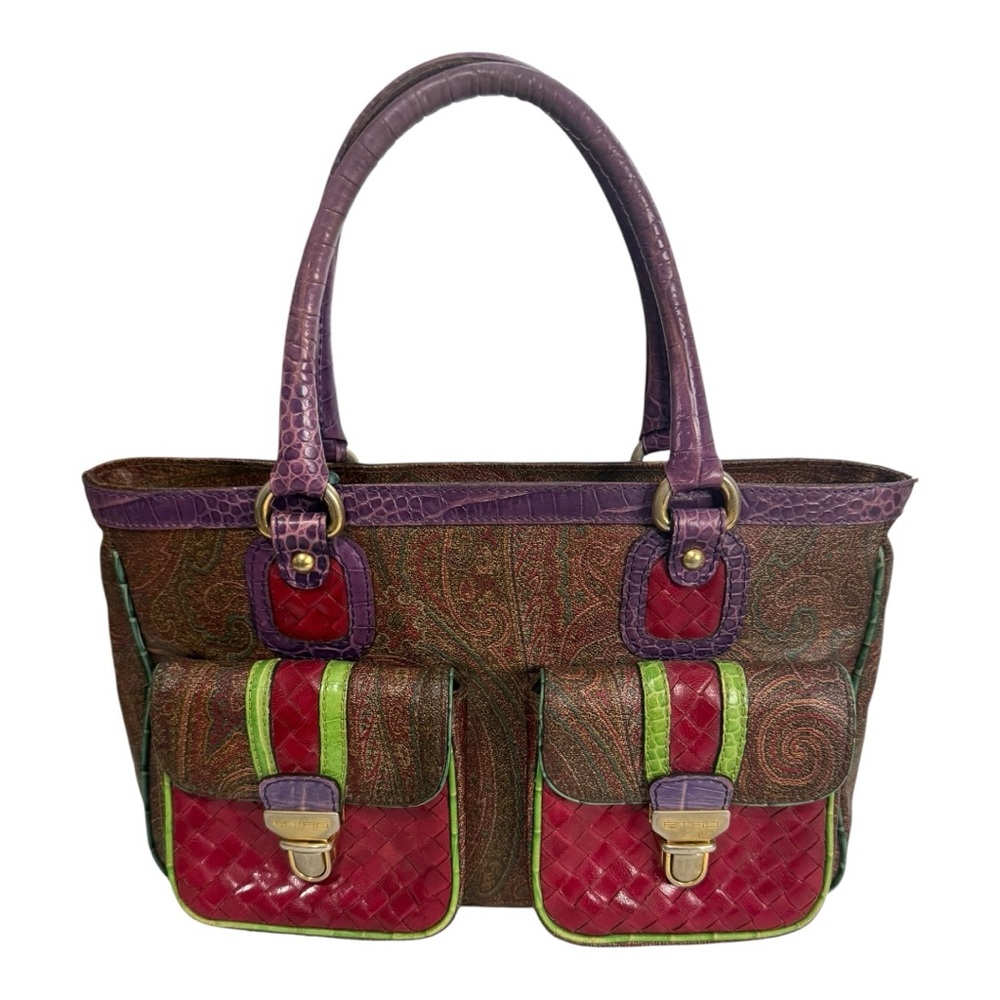 Vintage ETRO Paisley Leather Satchel Bag Made in Italy Boho Designer Handbag